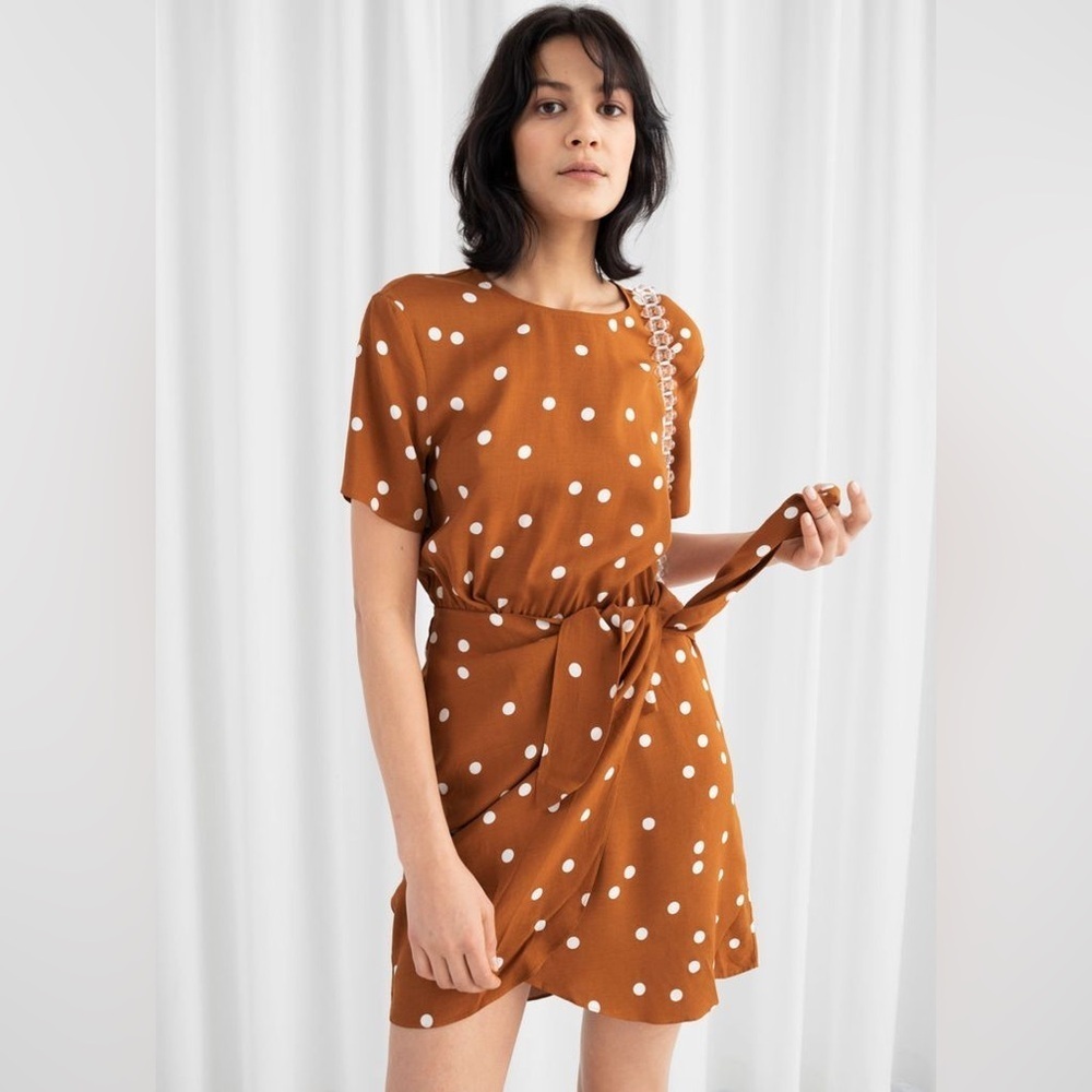 & Other Stories Paris Atelier Brown Polka Dot Tie Front Mini Dress | Size 6